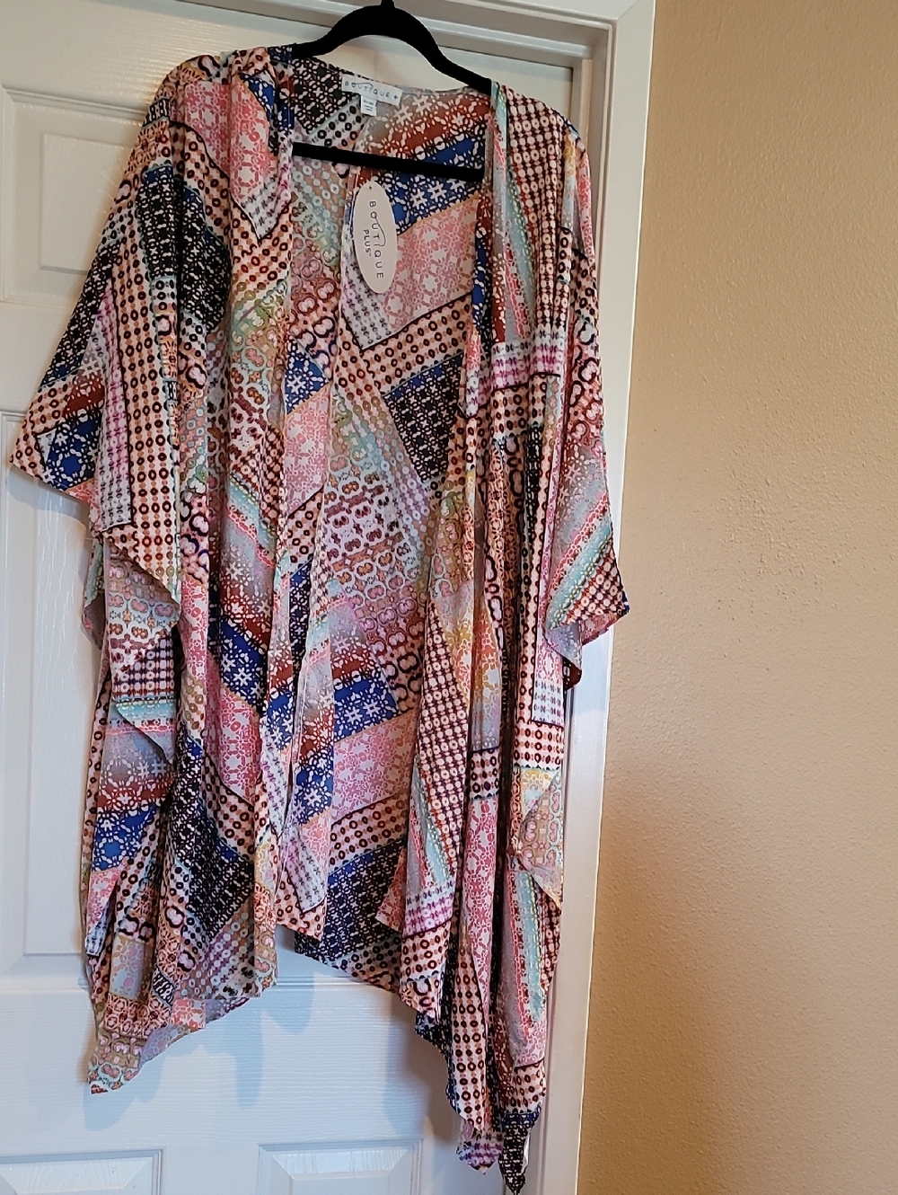 Blu Pepper Pink Blue Multicolor Patchwork Open-Front Kimono